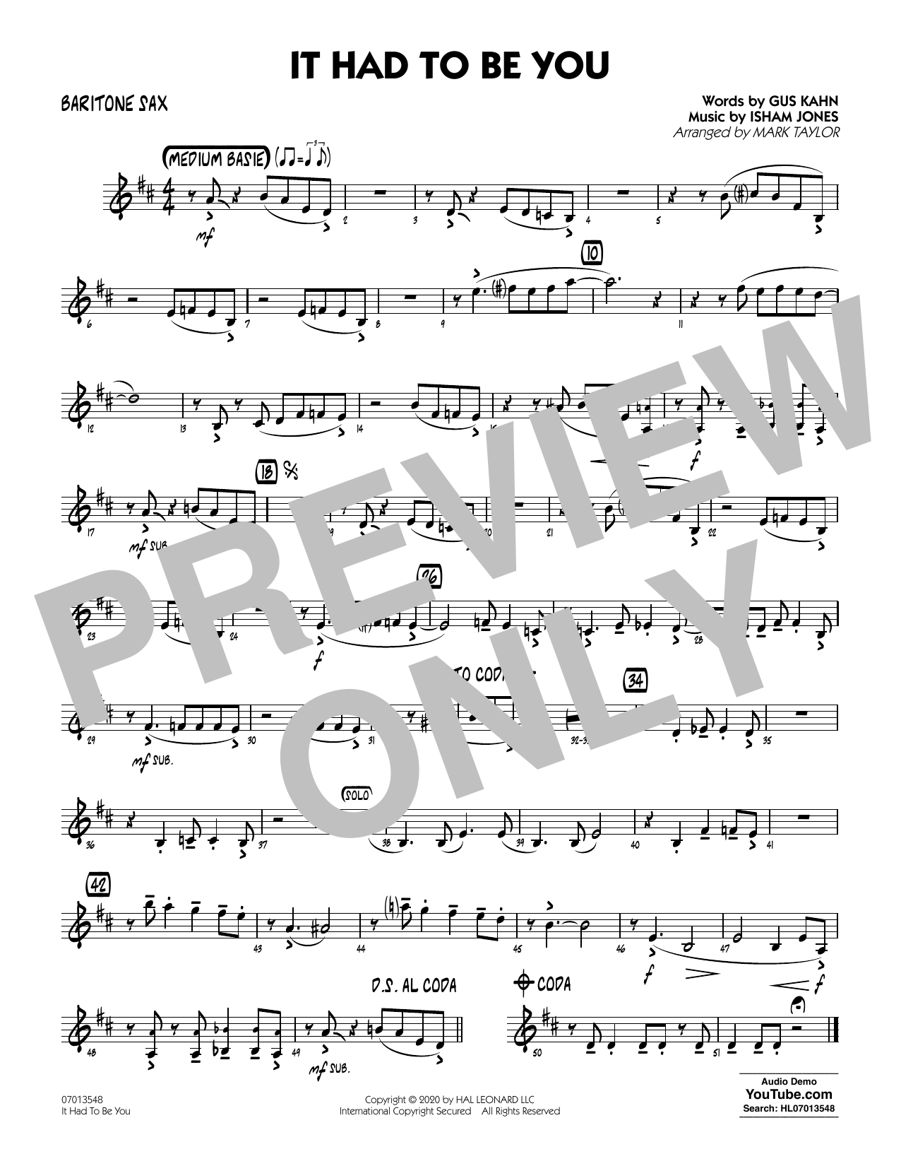 Download Isham Jones and Gus Kahn It Had to Be You (arr. Mark Taylor) - Baritone Sax Sheet Music and learn how to play Jazz Ensemble PDF digital score in minutes