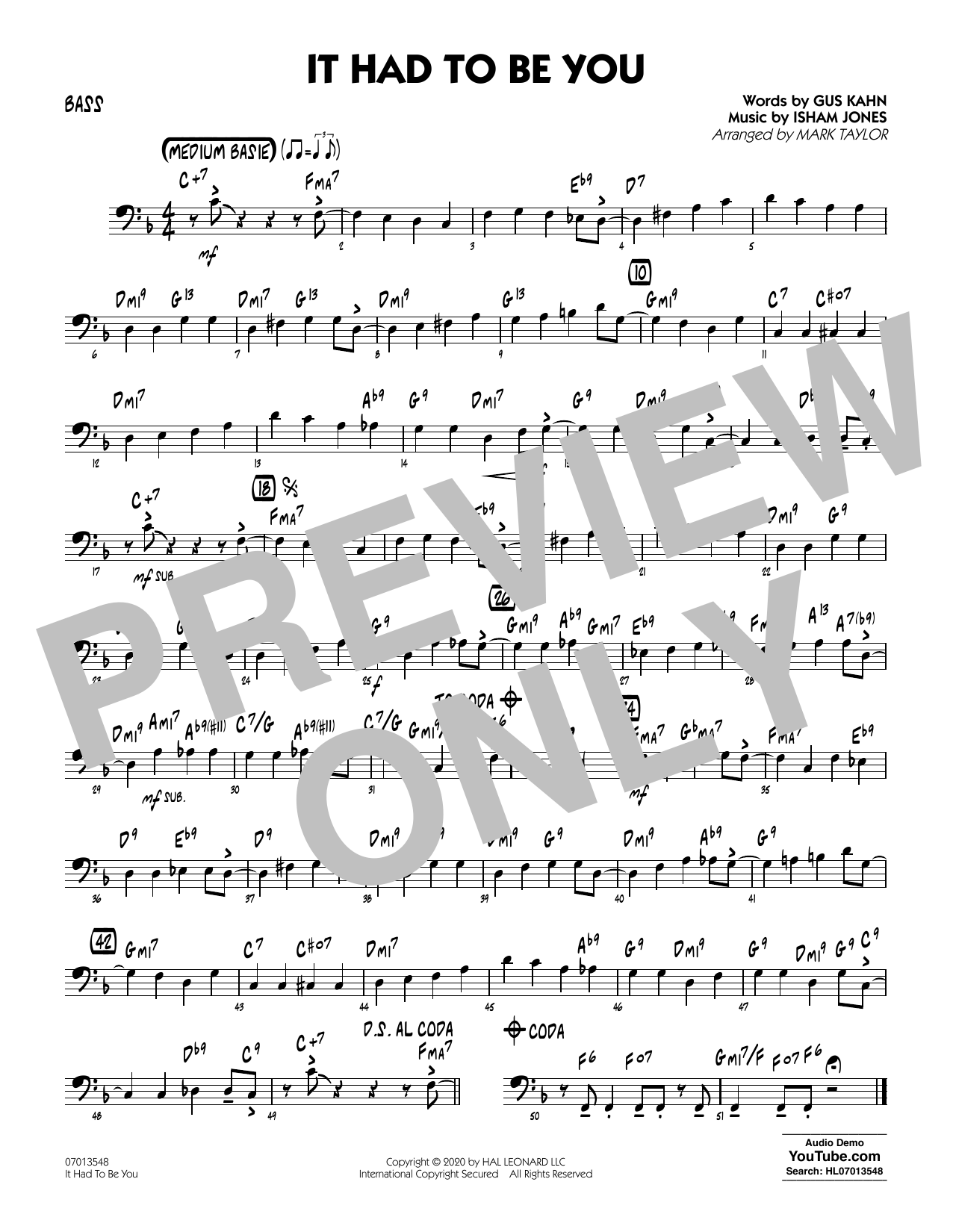 Download Isham Jones and Gus Kahn It Had to Be You (arr. Mark Taylor) - Bass Sheet Music and learn how to play Jazz Ensemble PDF digital score in minutes