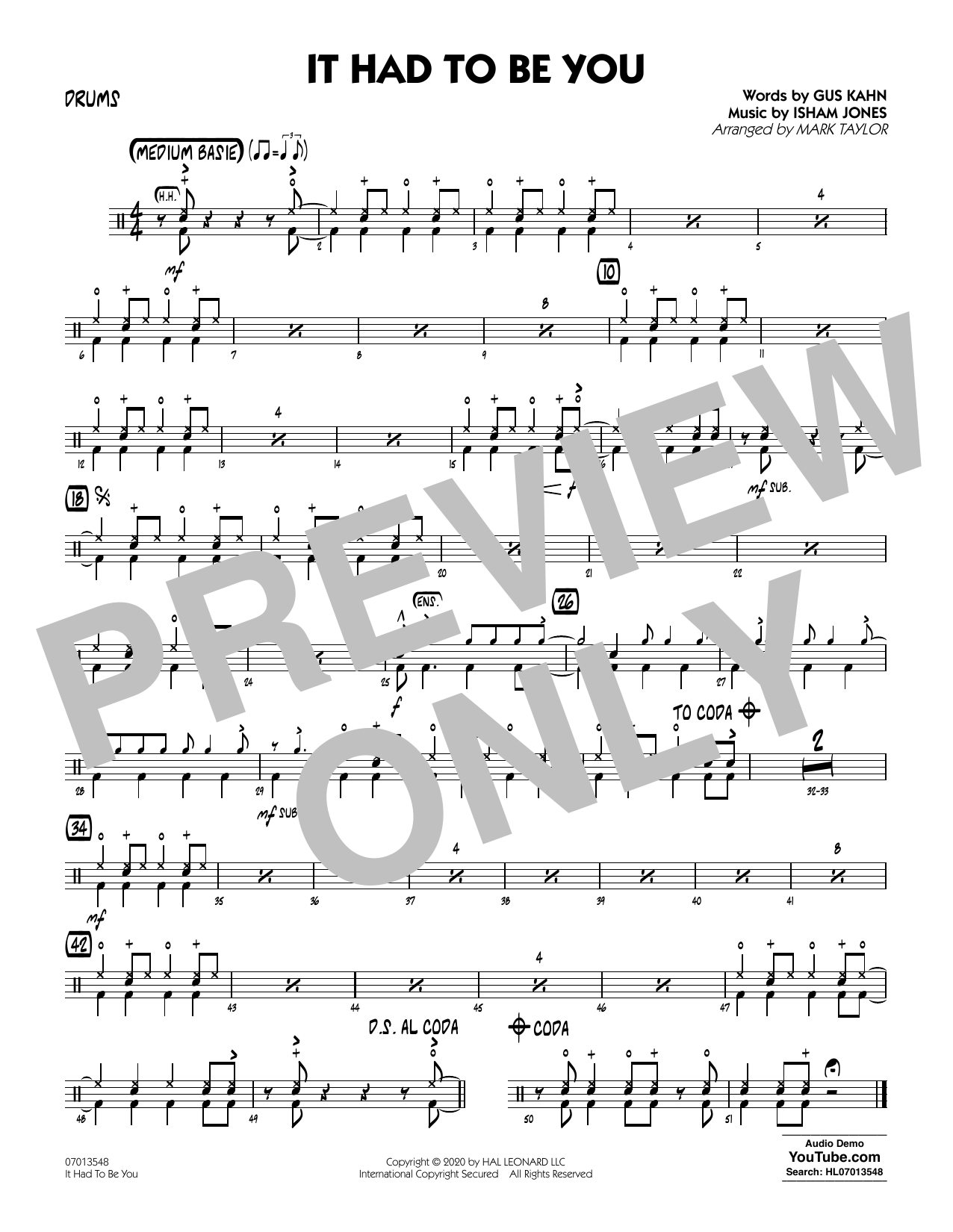 Download Isham Jones and Gus Kahn It Had to Be You (arr. Mark Taylor) - Drums Sheet Music and learn how to play Jazz Ensemble PDF digital score in minutes