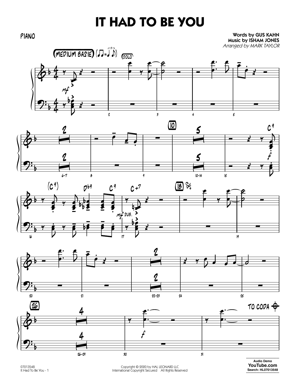 Download Isham Jones and Gus Kahn It Had to Be You (arr. Mark Taylor) - Piano Sheet Music and learn how to play Jazz Ensemble PDF digital score in minutes