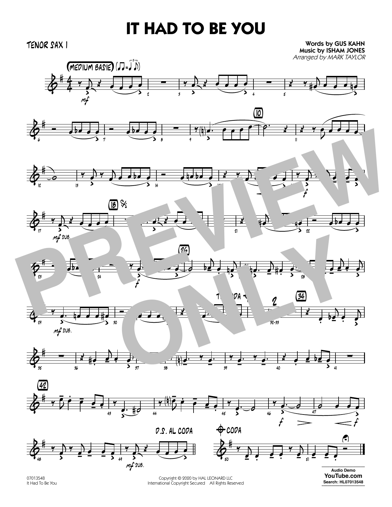 Download Isham Jones and Gus Kahn It Had to Be You (arr. Mark Taylor) - Tenor Sax 1 Sheet Music and learn how to play Jazz Ensemble PDF digital score in minutes