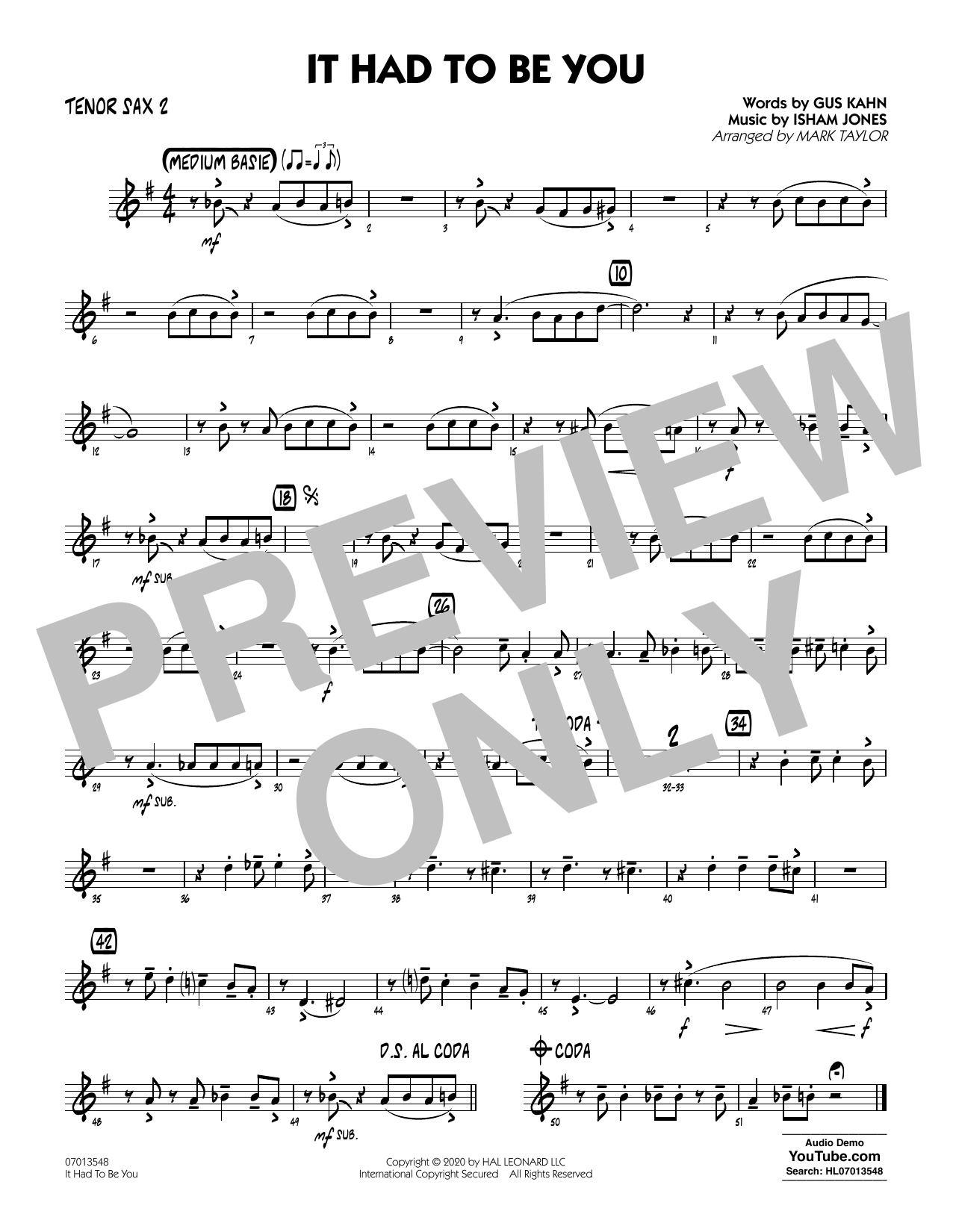 Download Isham Jones and Gus Kahn It Had to Be You (arr. Mark Taylor) - Tenor Sax 2 Sheet Music and learn how to play Jazz Ensemble PDF digital score in minutes