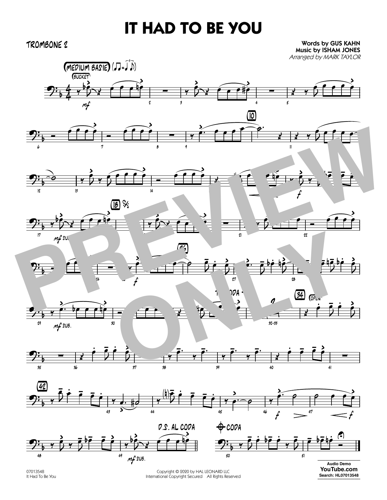 Download Isham Jones and Gus Kahn It Had to Be You (arr. Mark Taylor) - Trombone 2 Sheet Music and learn how to play Jazz Ensemble PDF digital score in minutes