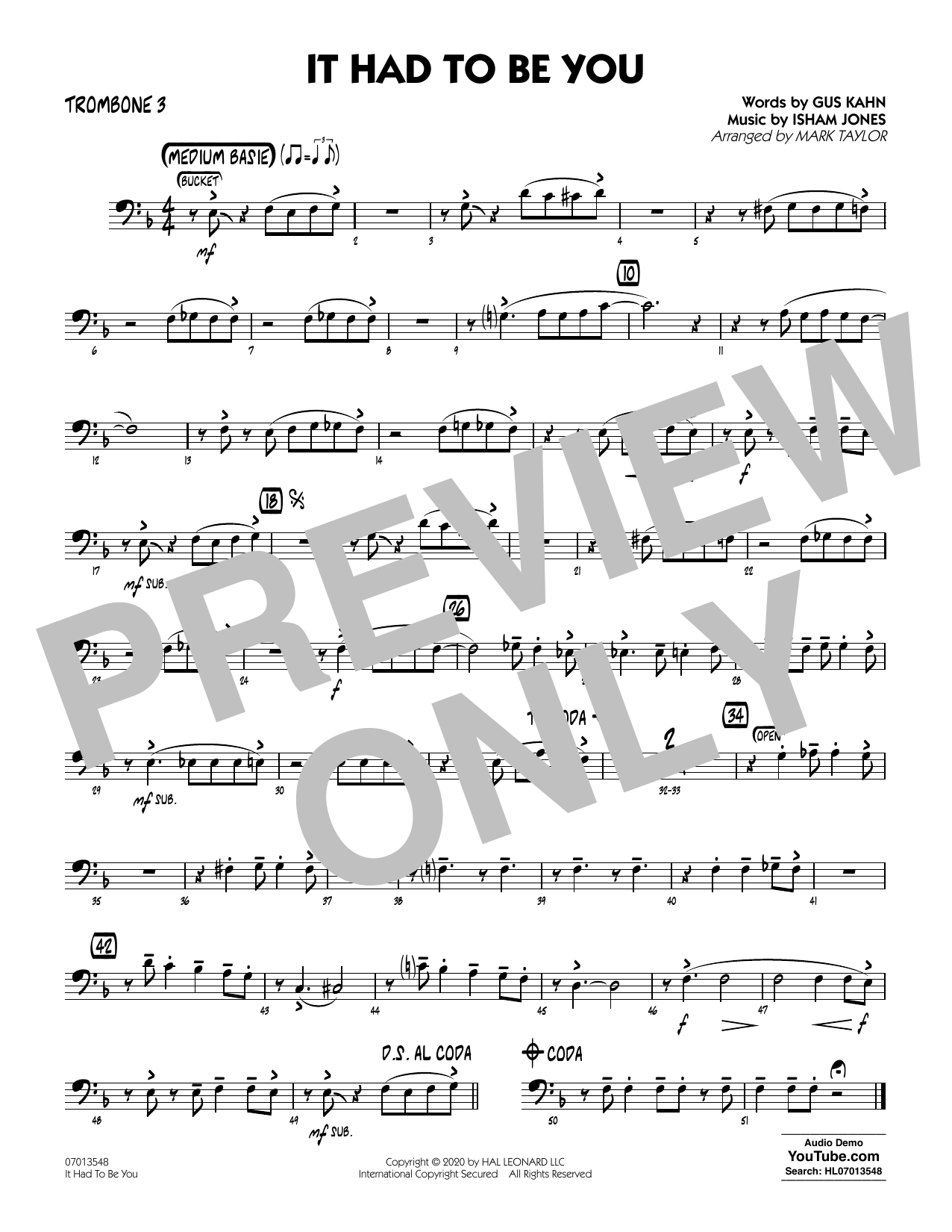 Download Isham Jones and Gus Kahn It Had to Be You (arr. Mark Taylor) - Trombone 3 Sheet Music and learn how to play Jazz Ensemble PDF digital score in minutes