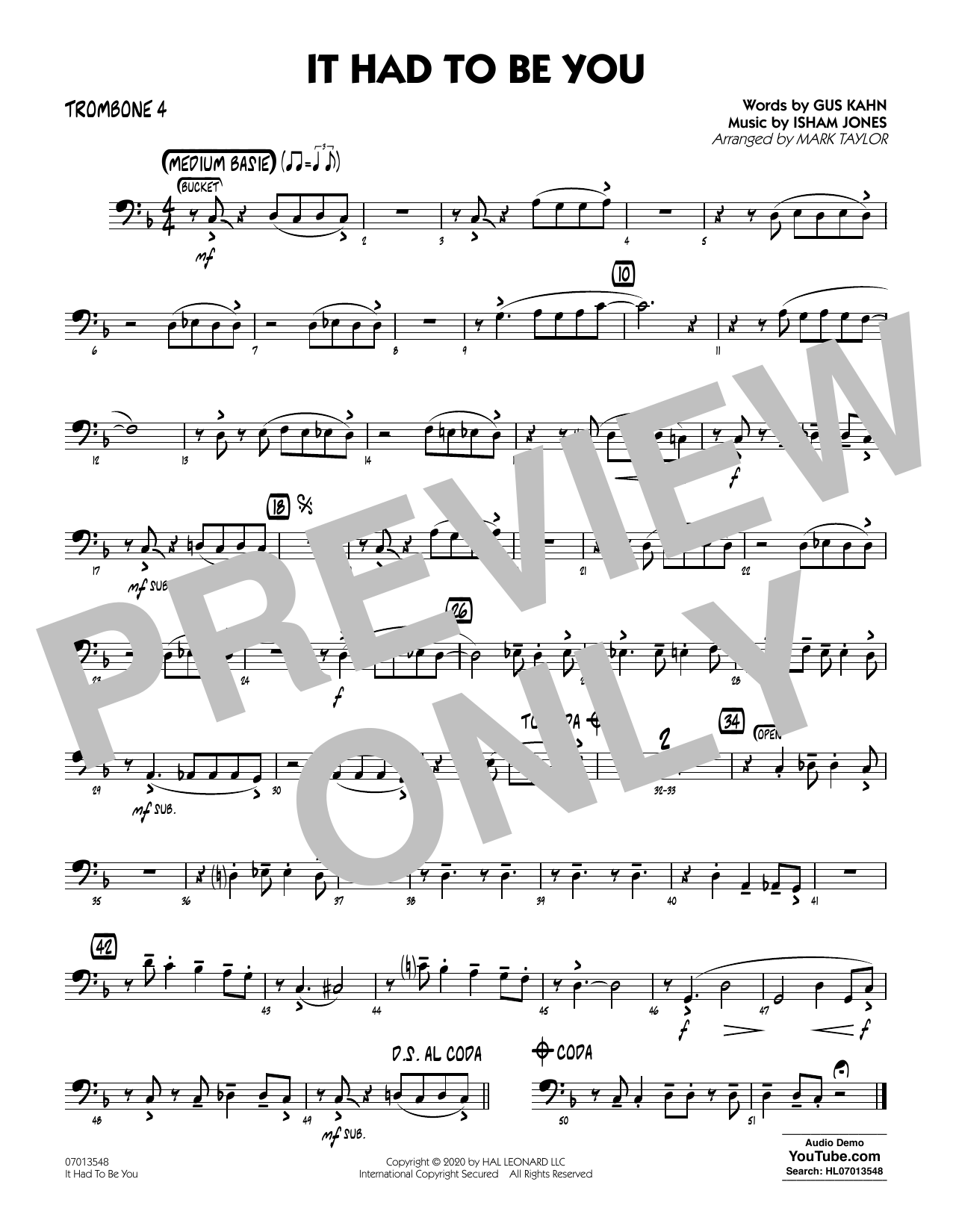 Download Isham Jones and Gus Kahn It Had to Be You (arr. Mark Taylor) - Trombone 4 Sheet Music and learn how to play Jazz Ensemble PDF digital score in minutes