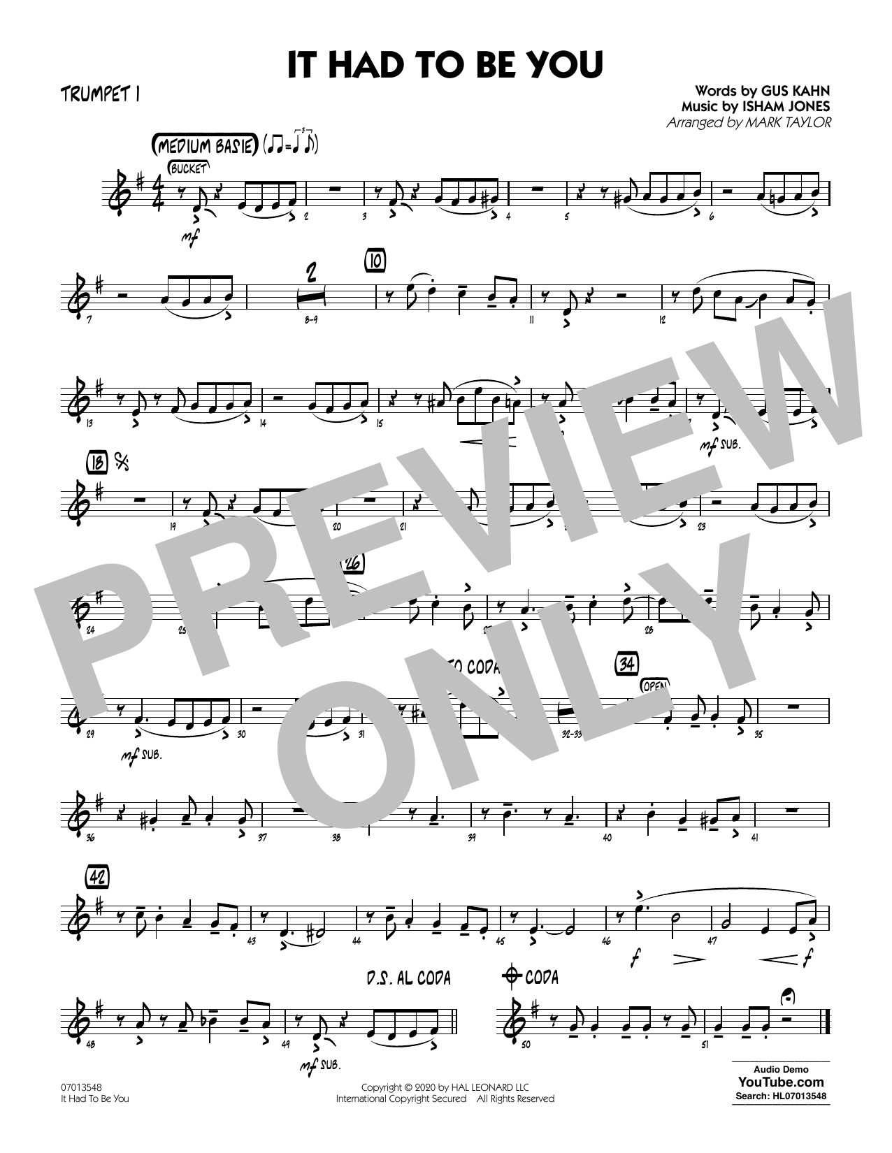 Download Isham Jones and Gus Kahn It Had to Be You (arr. Mark Taylor) - Trumpet 1 Sheet Music and learn how to play Jazz Ensemble PDF digital score in minutes