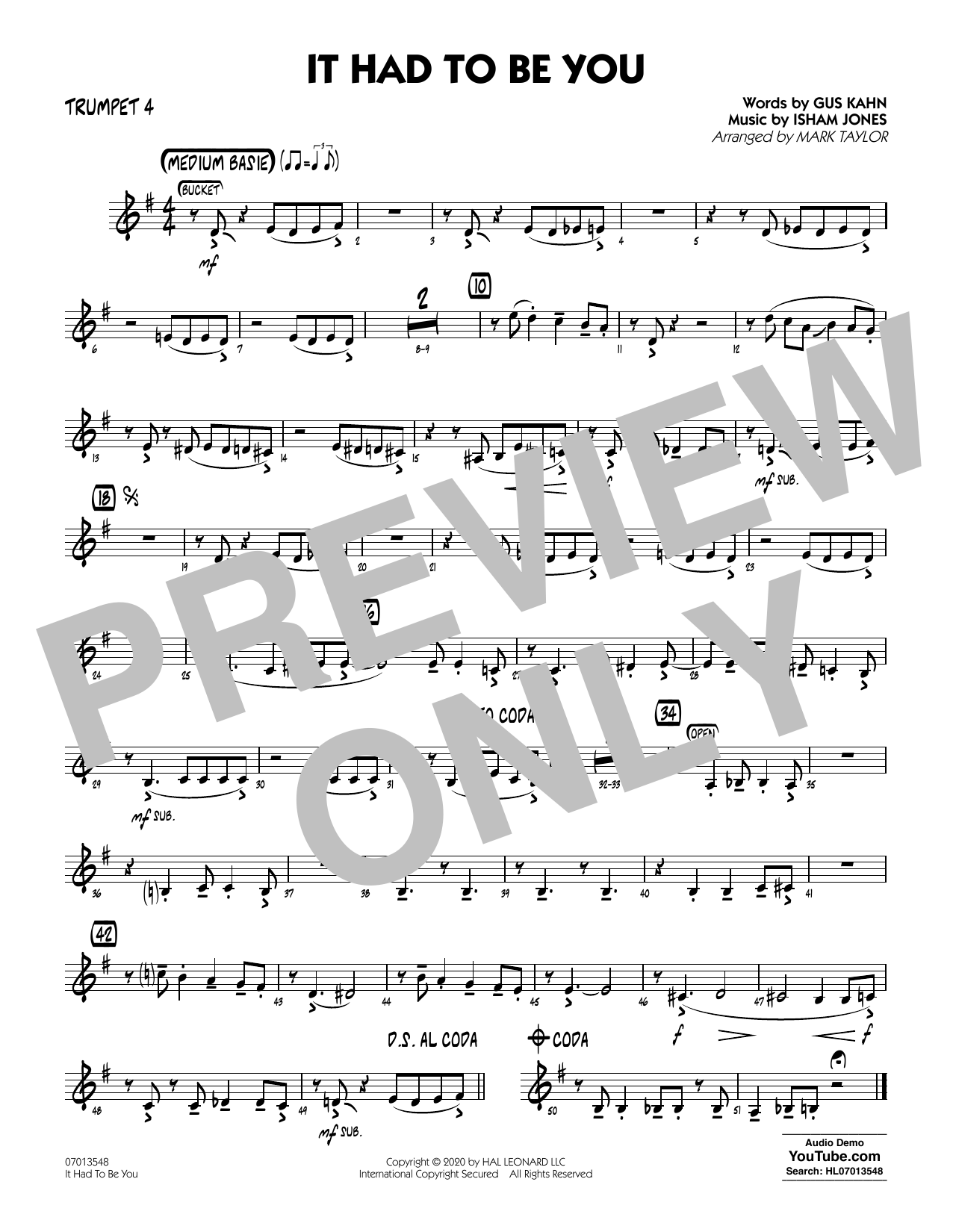 Download Isham Jones and Gus Kahn It Had to Be You (arr. Mark Taylor) - Trumpet 4 Sheet Music and learn how to play Jazz Ensemble PDF digital score in minutes