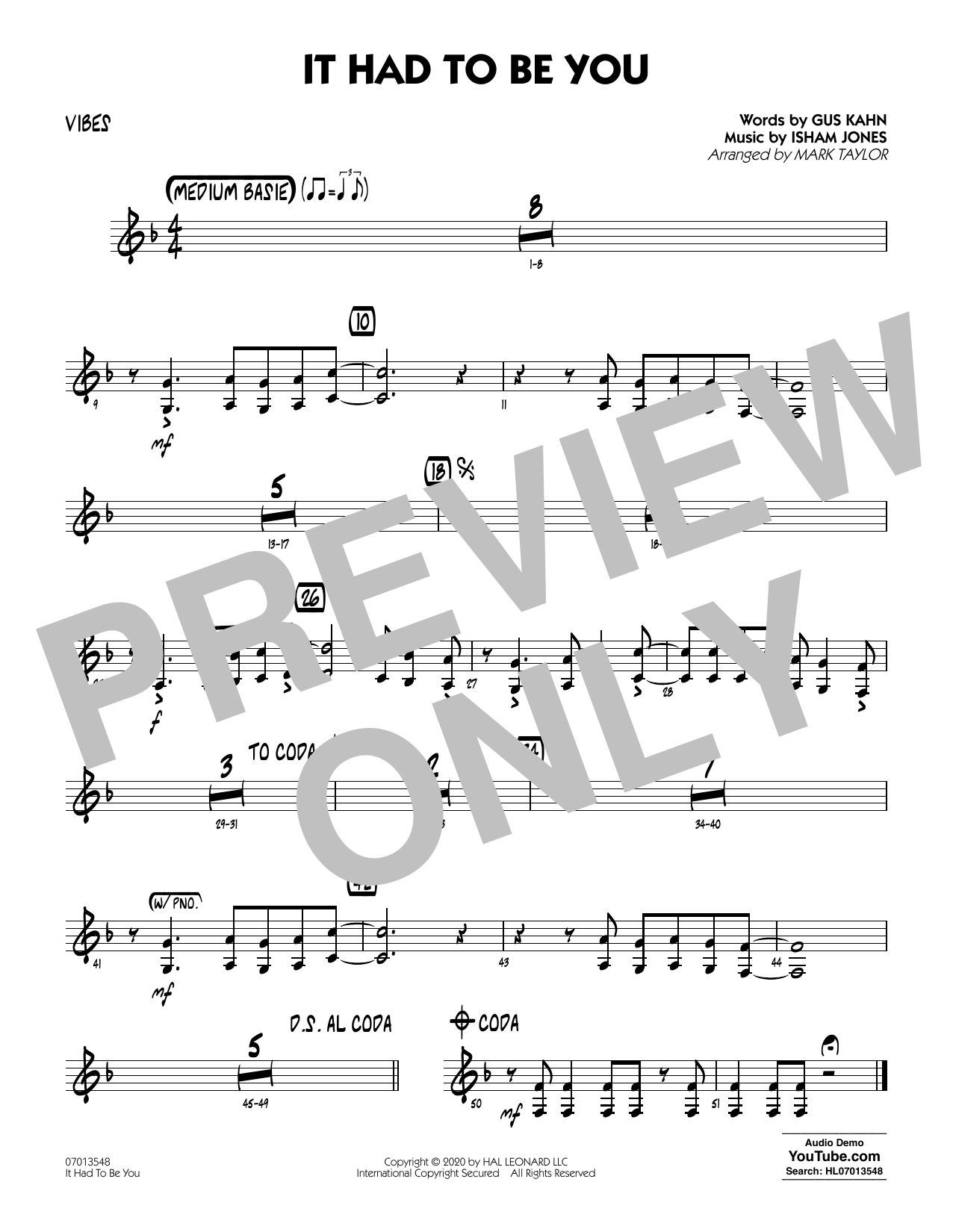 Download Isham Jones and Gus Kahn It Had to Be You (arr. Mark Taylor) - Vibes Sheet Music and learn how to play Jazz Ensemble PDF digital score in minutes