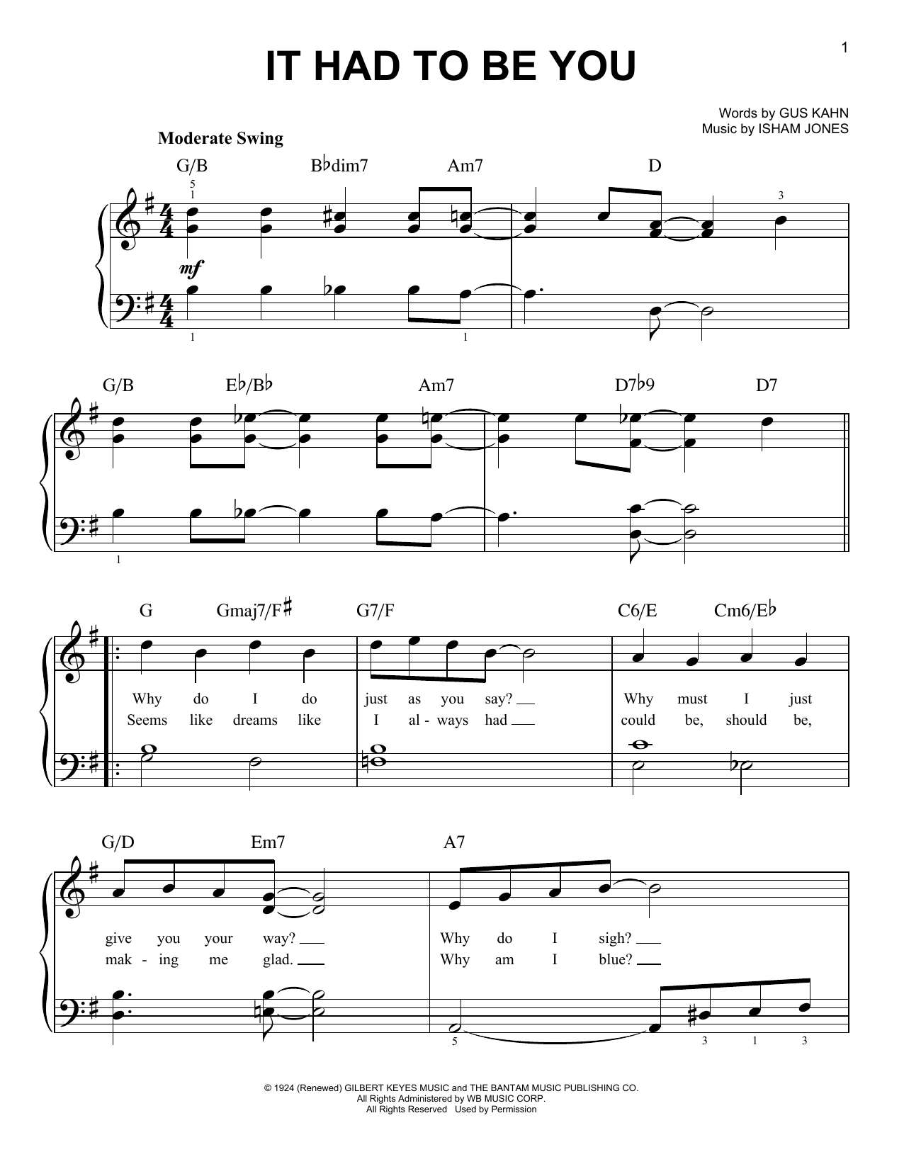 Download Isham Jones It Had To Be You Sheet Music and learn how to play Melody Line, Lyrics & Chords PDF digital score in minutes
