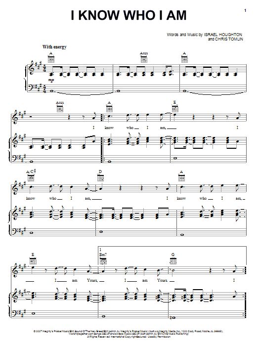 Download Israel Houghton I Know Who I Am Sheet Music and learn how to play Piano, Vocal & Guitar (Right-Hand Melody) PDF digital score in minutes