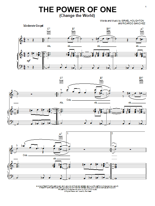 Download Israel Houghton The Power Of One (Change The World) Sheet Music and learn how to play Piano, Vocal & Guitar (Right-Hand Melody) PDF digital score in minutes