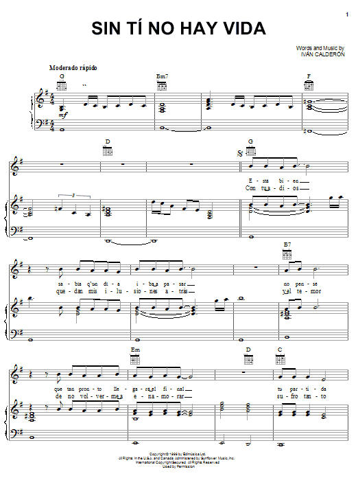 Download Iván Calderón Sin Tí No Hay Vida Sheet Music and learn how to play Piano, Vocal & Guitar (Right-Hand Melody) PDF digital score in minutes