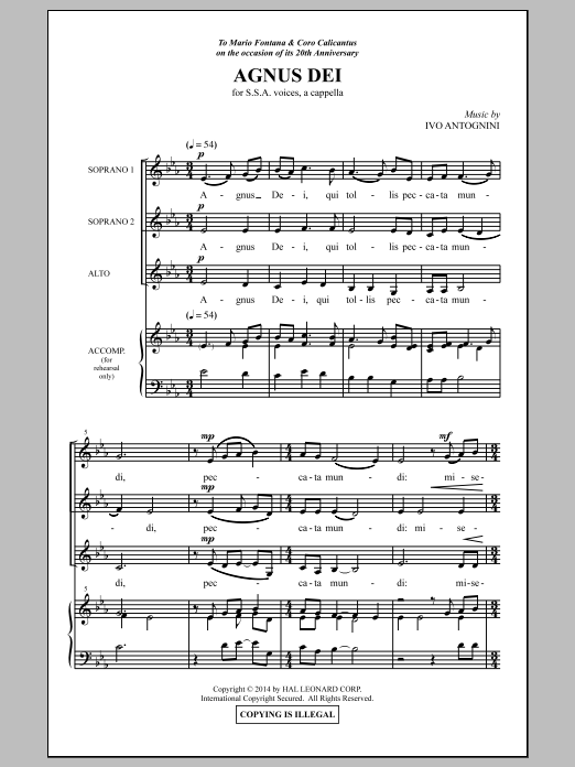 Download Ivo Antognini Agnus Dei Sheet Music and learn how to play SSA PDF digital score in minutes