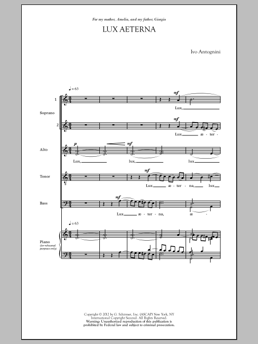 Download Ivo Antognini Lux Aeterna Sheet Music and learn how to play SATB PDF digital score in minutes