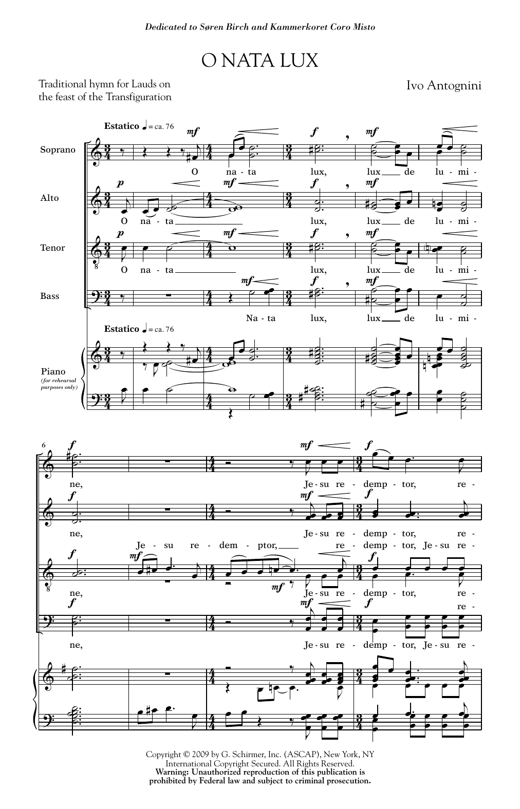 Download Ivo Antognini O Nata Lux Sheet Music and learn how to play SATB PDF digital score in minutes