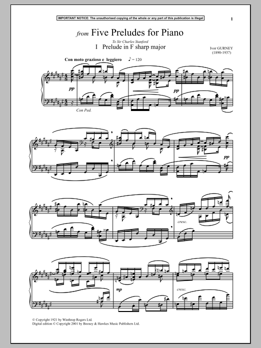 Download Ivor Gurney Five Preludes For Piano, I. Prelude In F# Major Sheet Music and learn how to play Piano PDF digital score in minutes