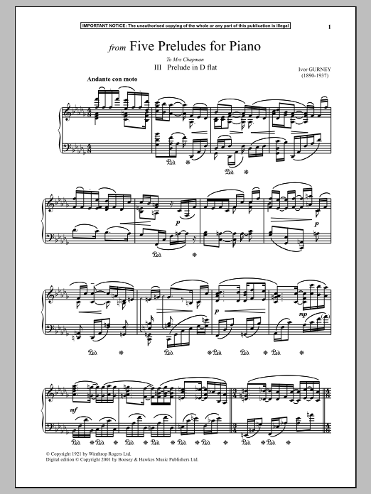 Download Ivor Gurney Five Preludes For Piano, III. Prelude In D-Flat Sheet Music and learn how to play Piano PDF digital score in minutes