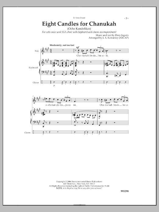 Download J. A. Kawarsky Eight Candles for Chanukah Sheet Music and learn how to play SSA Choir PDF digital score in minutes