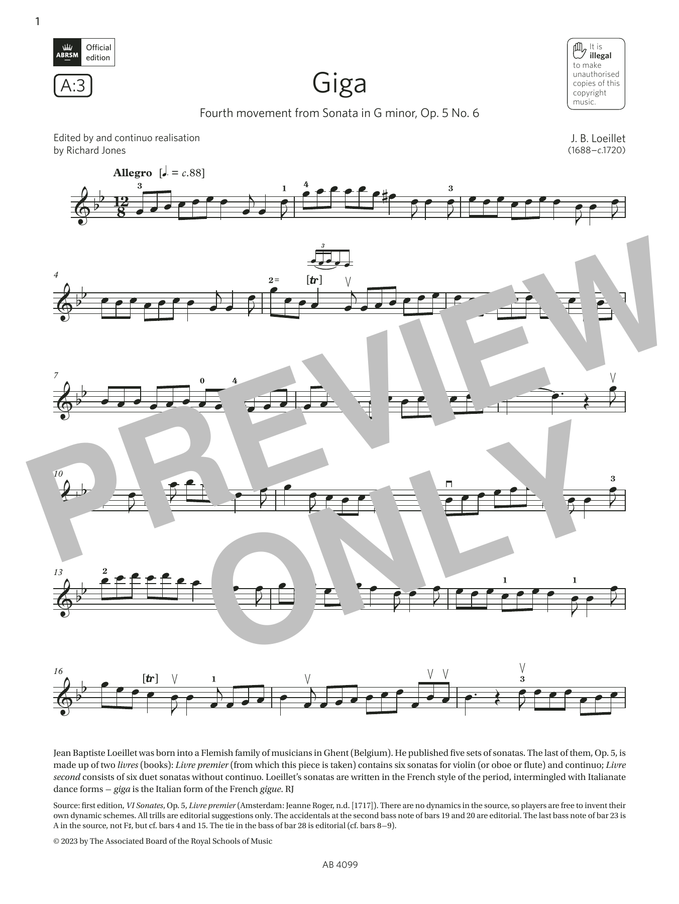 Download J. B. Loeillet Giga (Grade 5, A3, from the ABRSM Violin Syllabus from 2024) Sheet Music and learn how to play Violin Solo PDF digital score in minutes
