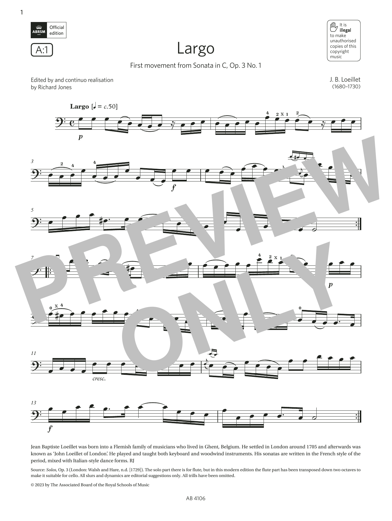 Download J. B. Loeillet Largo (Grade 3, A1, from the ABRSM Cello Syllabus from 2024) Sheet Music and learn how to play Cello Solo PDF digital score in minutes