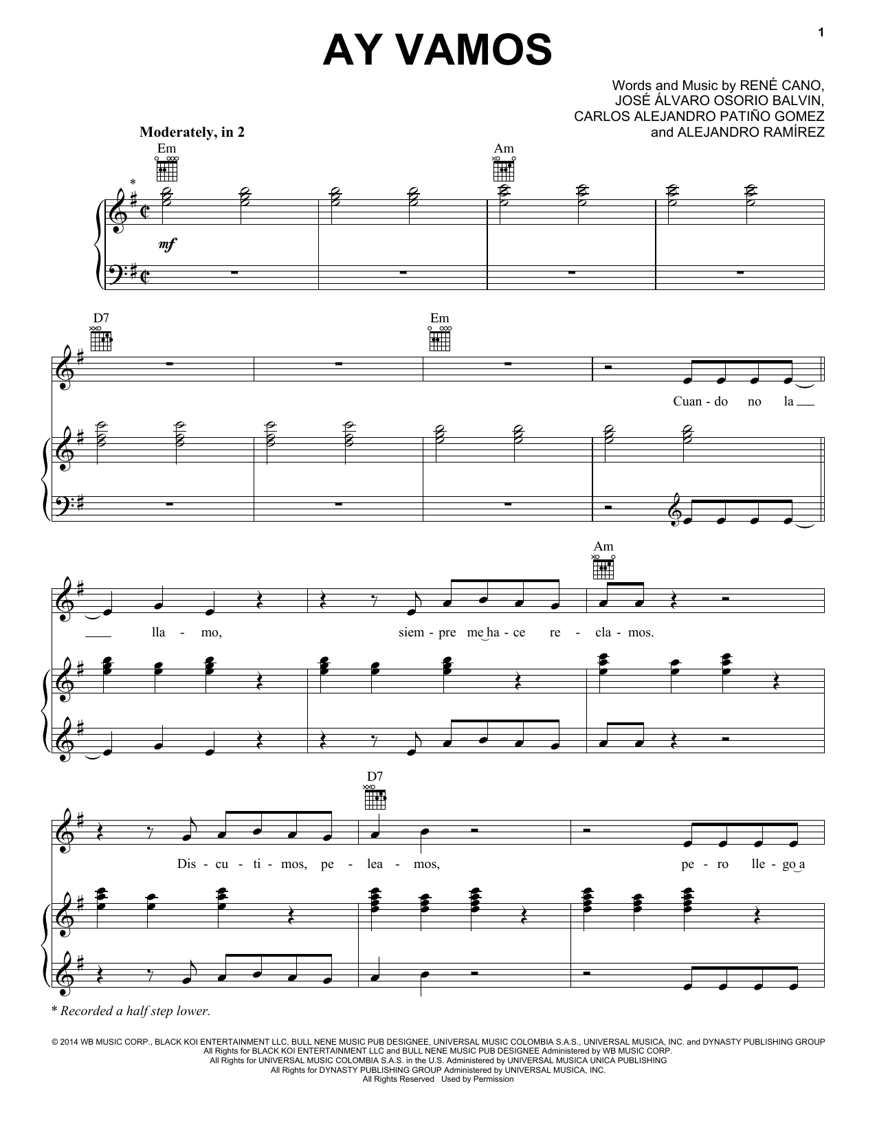 Download J Balvin Ay Vamos Sheet Music and learn how to play Piano, Vocal & Guitar Chords (Right-Hand Melody) PDF digital score in minutes
