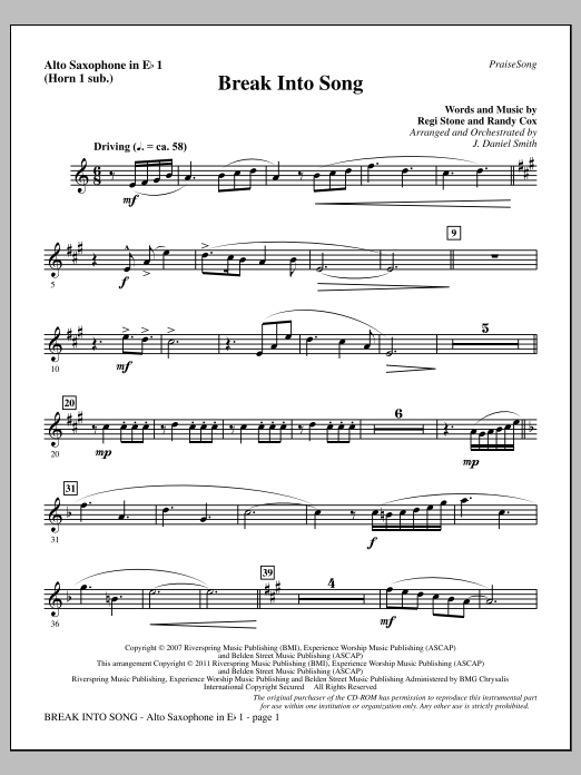 Download J. Daniel Smith Break Into Song - Alto Sax 1 (sub. Horn 1) Sheet Music and learn how to play Choir Instrumental Pak PDF digital score in minutes