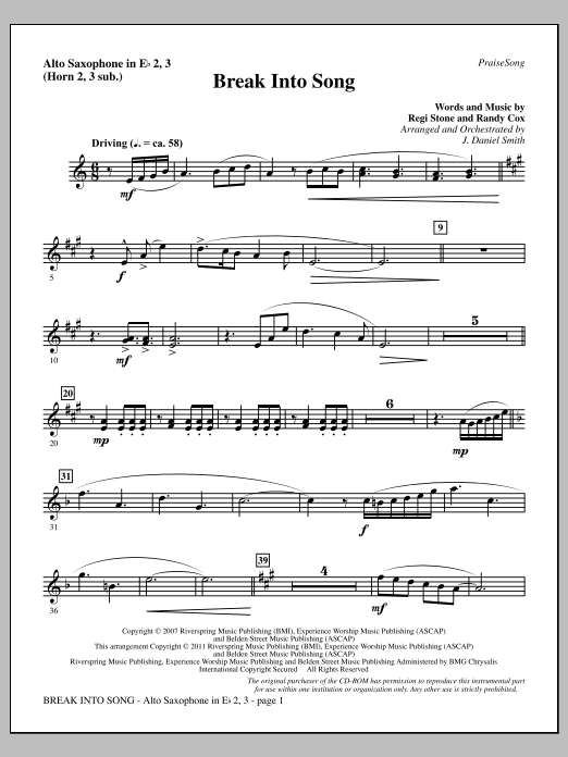 Download J. Daniel Smith Break Into Song - Alto Sax 2-3 (sub. Horn 2-3) Sheet Music and learn how to play Choir Instrumental Pak PDF digital score in minutes