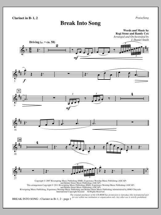 Download J. Daniel Smith Break Into Song - Bb Clarinet 1 & 2 Sheet Music and learn how to play Choir Instrumental Pak PDF digital score in minutes