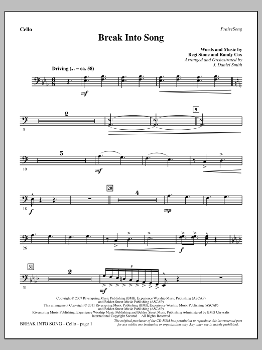 Download J. Daniel Smith Break Into Song - Cello Sheet Music and learn how to play Choir Instrumental Pak PDF digital score in minutes