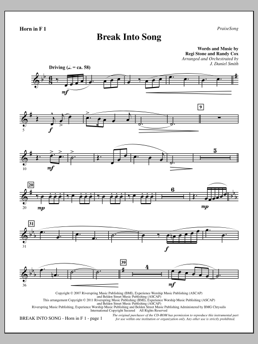 Download J. Daniel Smith Break Into Song - F Horn 1 Sheet Music and learn how to play Choir Instrumental Pak PDF digital score in minutes