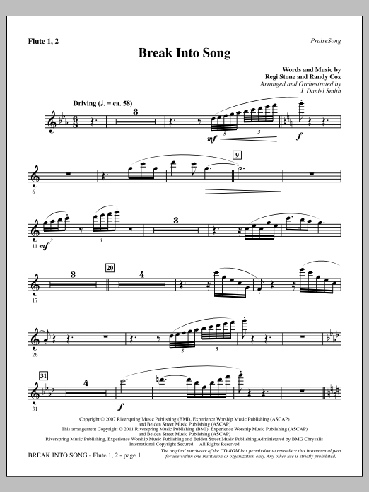 Download J. Daniel Smith Break Into Song - Flute 1 & 2 Sheet Music and learn how to play Choir Instrumental Pak PDF digital score in minutes