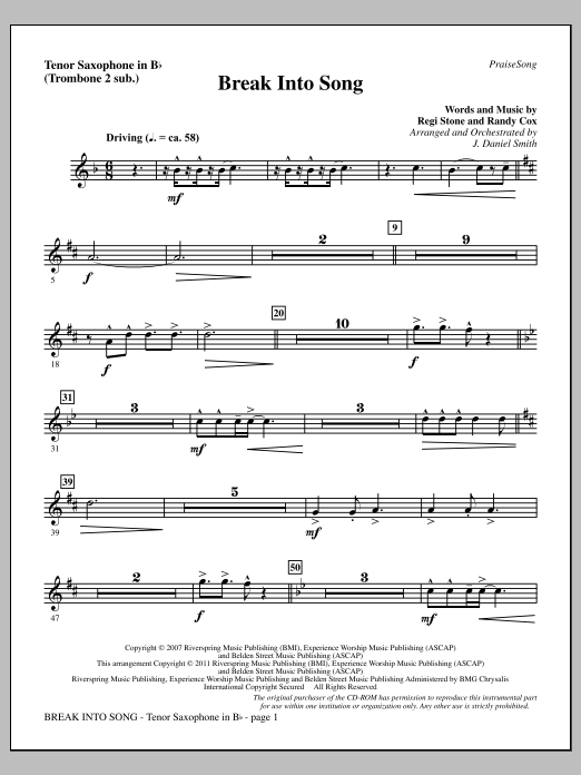 Download J. Daniel Smith Break Into Song - Tenor Sax (sub. Tbn 2) Sheet Music and learn how to play Choir Instrumental Pak PDF digital score in minutes