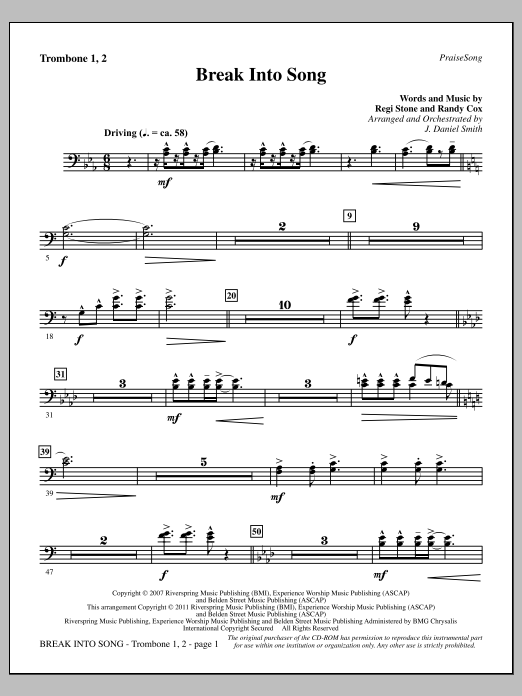 Download J. Daniel Smith Break Into Song - Trombone 1 & 2 Sheet Music and learn how to play Choir Instrumental Pak PDF digital score in minutes