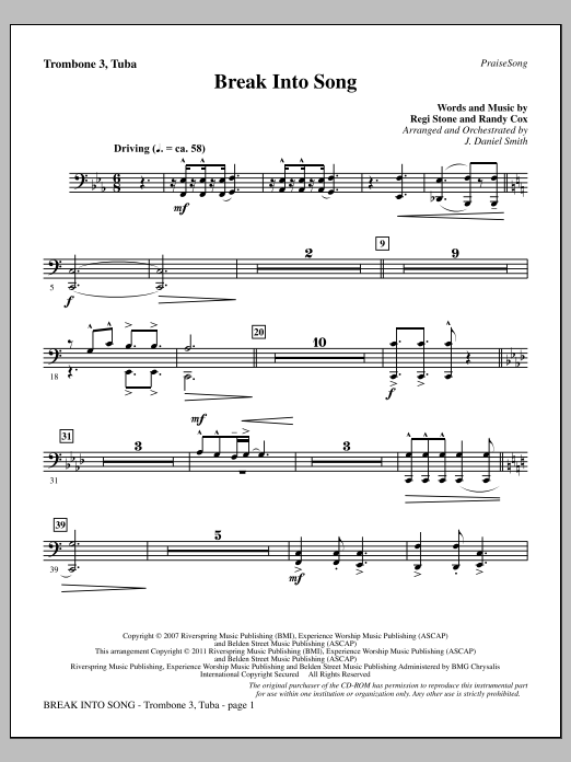 Download J. Daniel Smith Break Into Song - Trombone 3/Tuba Sheet Music and learn how to play Choir Instrumental Pak PDF digital score in minutes