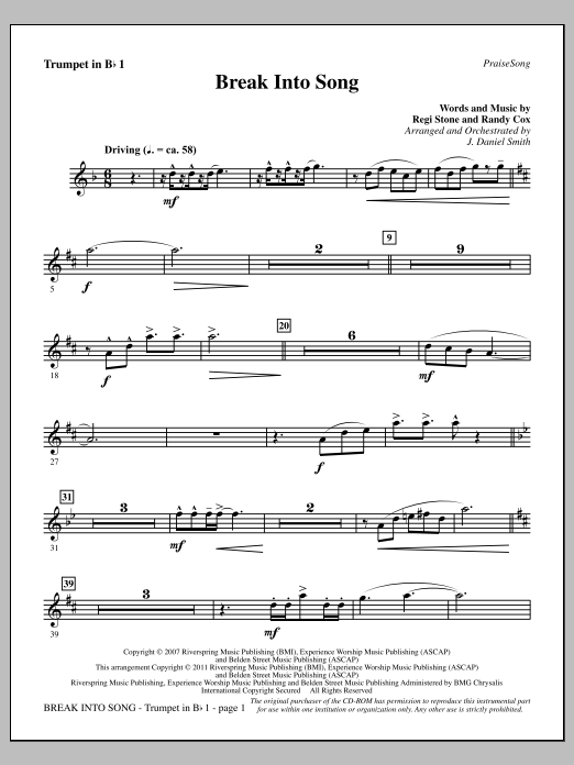 Download J. Daniel Smith Break Into Song - Trumpet 1 Sheet Music and learn how to play Choir Instrumental Pak PDF digital score in minutes