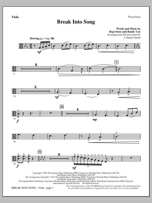 Download J. Daniel Smith Break Into Song - Viola Sheet Music and learn how to play Choir Instrumental Pak PDF digital score in minutes
