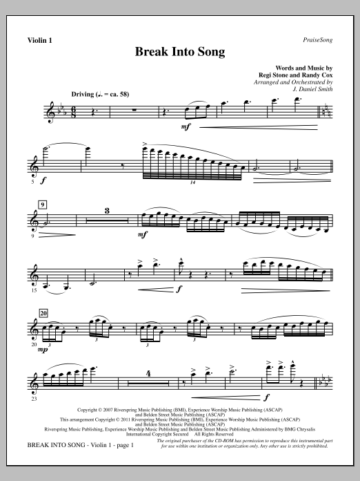Download J. Daniel Smith Break Into Song - Violin 1 Sheet Music and learn how to play Choir Instrumental Pak PDF digital score in minutes