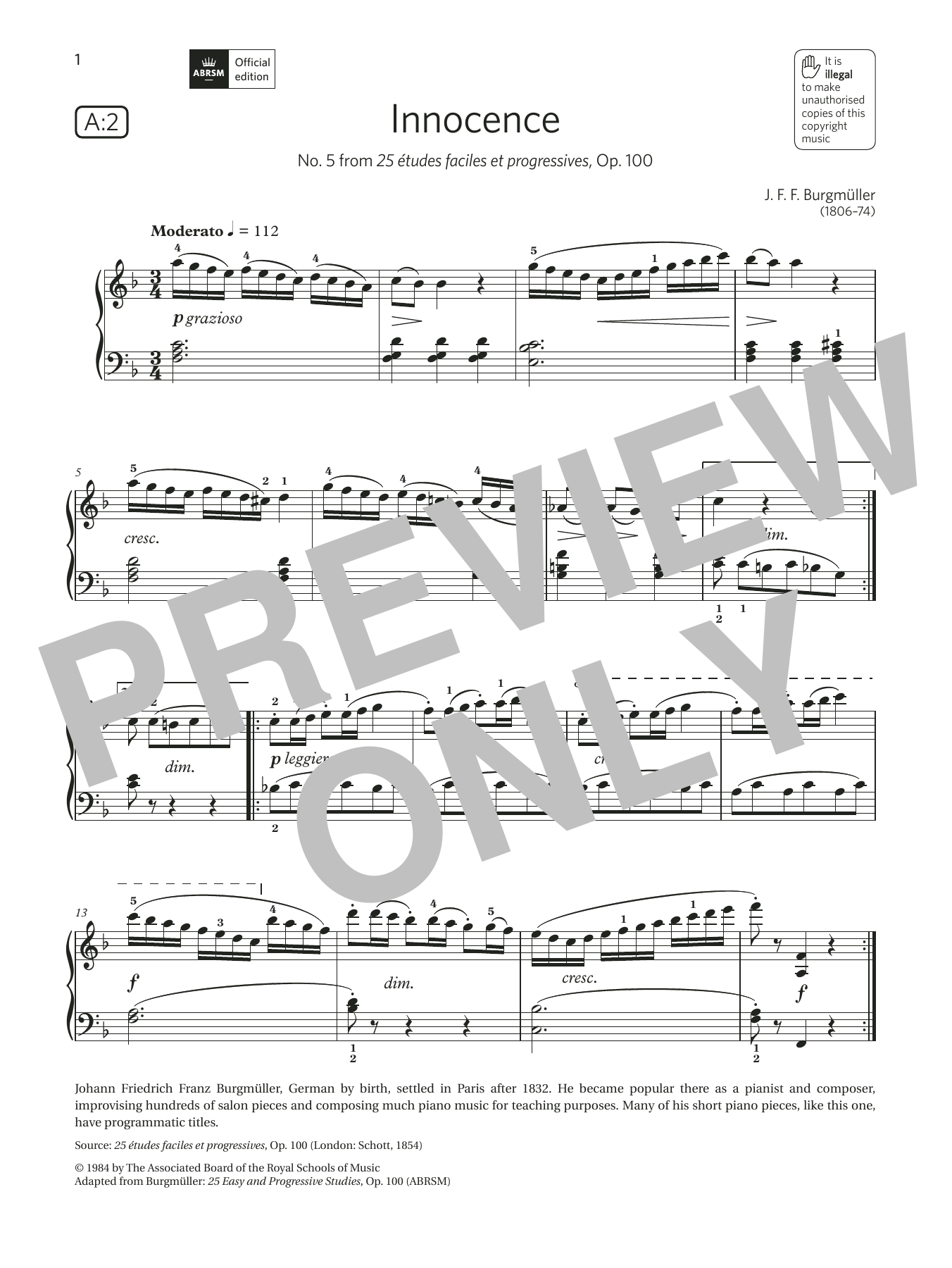 Download J. F. Burgmüller Innocence (Grade 3, list A2, from the ABRSM Piano Syllabus 2021 & 2022) Sheet Music and learn how to play Piano Solo PDF digital score in minutes