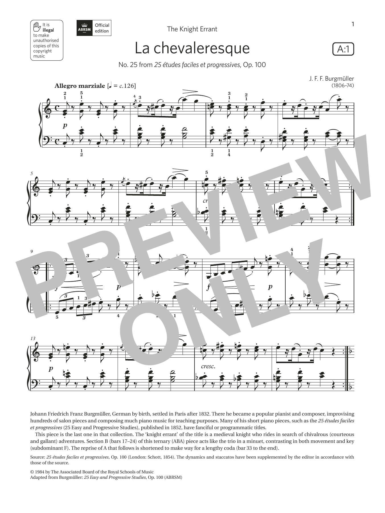 Download J. F. Burgmüller La chevaleresque (Grade 5, list A1, from the ABRSM Piano Syllabus 2021 & 2022) Sheet Music and learn how to play Piano Solo PDF digital score in minutes