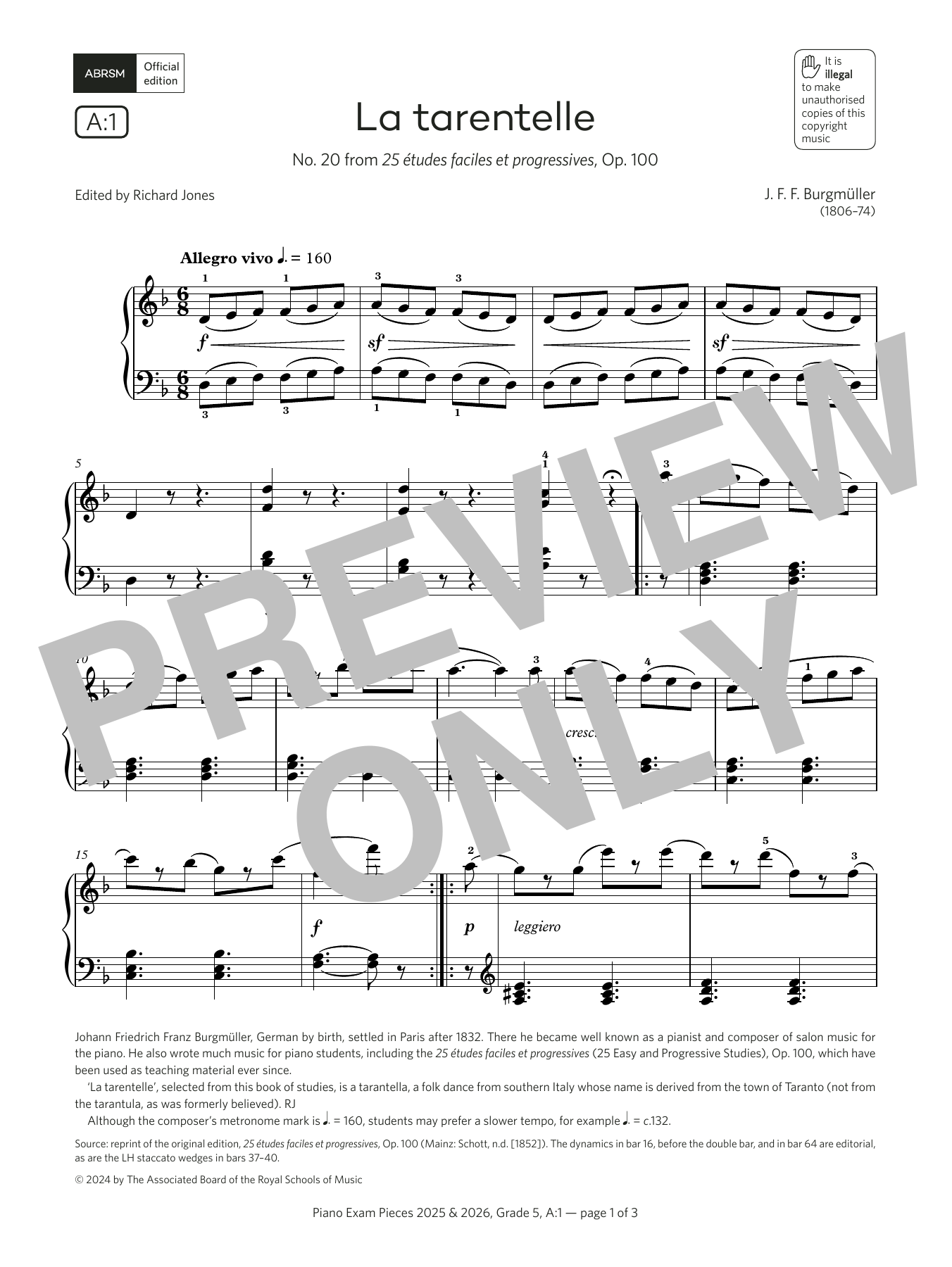 Download J. F. F. Burgmüller La tarentelle (Grade 5, list A1, from the ABRSM Piano Syllabus 2025 & 2026) Sheet Music and learn how to play Piano Solo PDF digital score in minutes