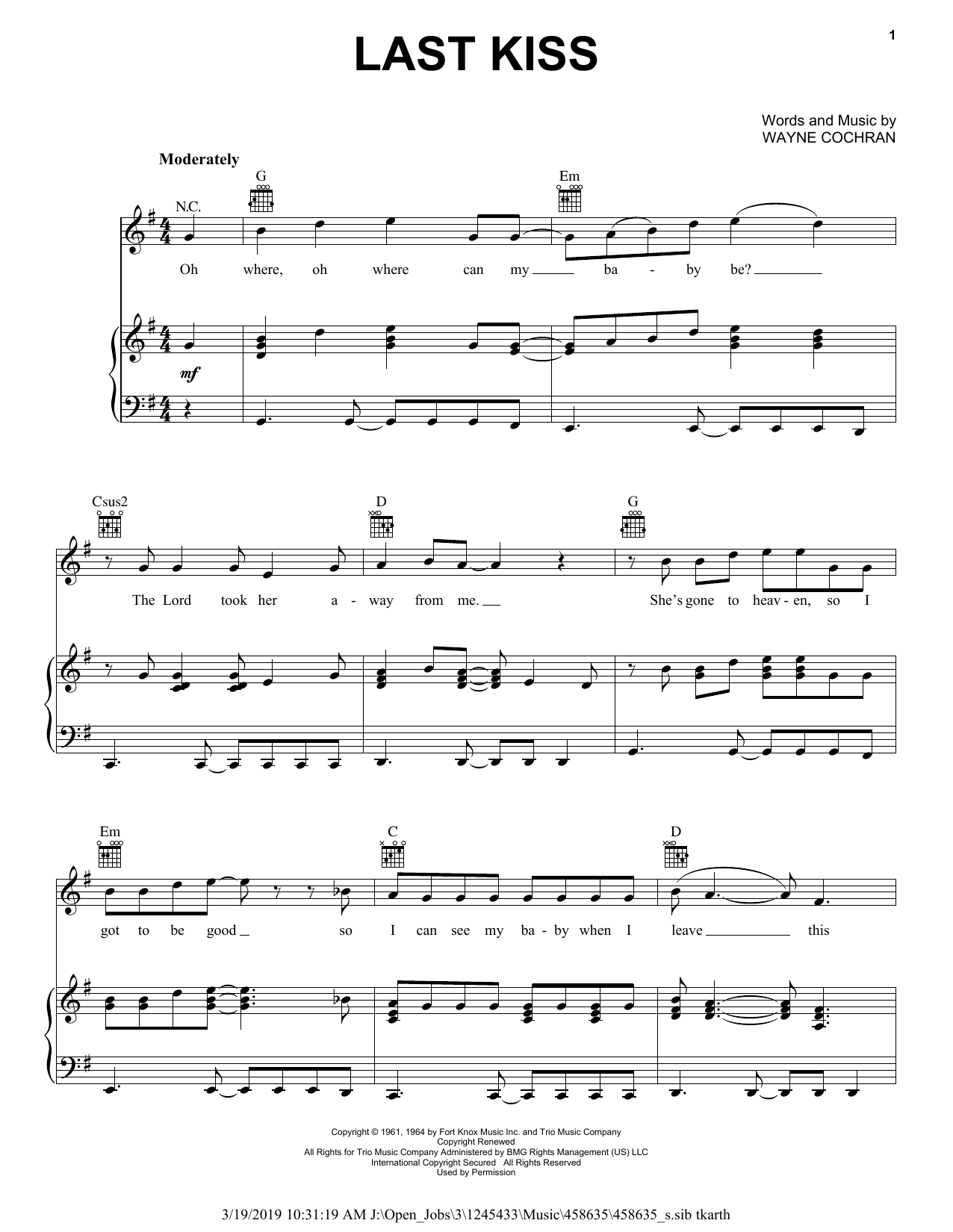 Download J. Frank Wilson Last Kiss Sheet Music and learn how to play Lyrics & Chords PDF digital score in minutes