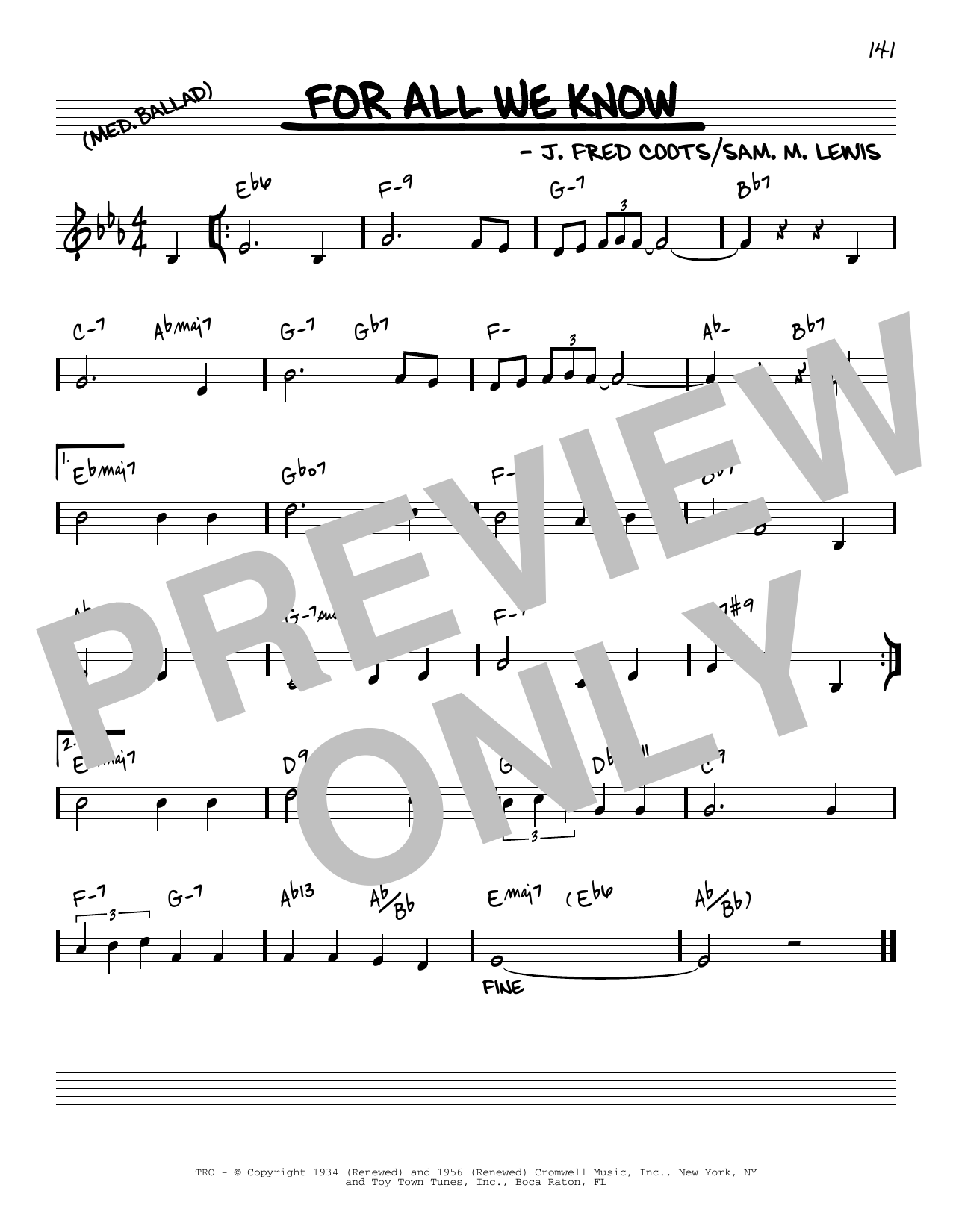 Download J. Fred Coots For All We Know [Reharmonized version] (arr. Jack Grassel) Sheet Music and learn how to play Real Book – Melody & Chords PDF digital score in minutes