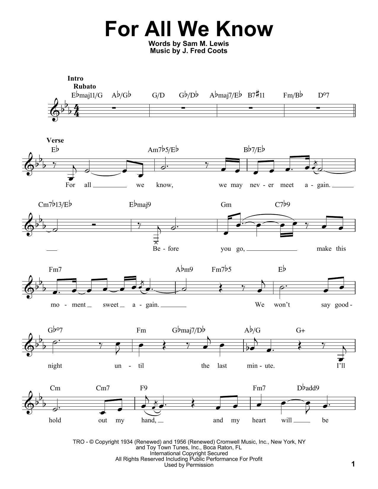 Download J. Fred Coots For All We Know Sheet Music and learn how to play Voice PDF digital score in minutes