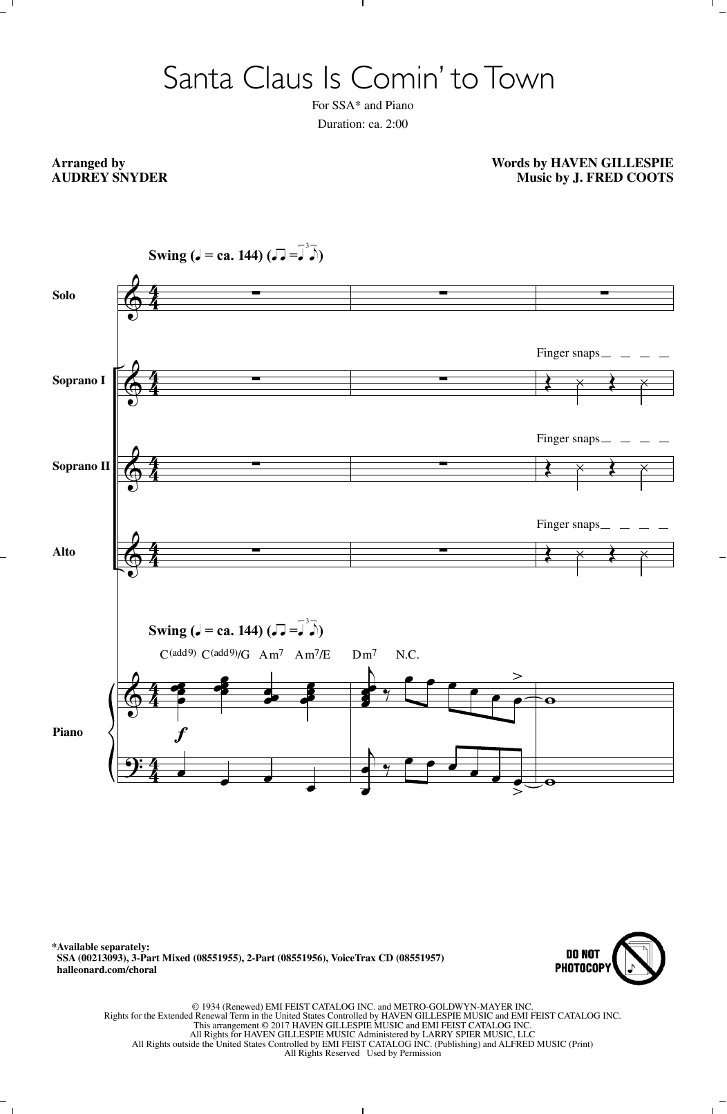 Download Audrey Snyder Santa Claus Is Comin' To Town Sheet Music and learn how to play SSA PDF digital score in minutes