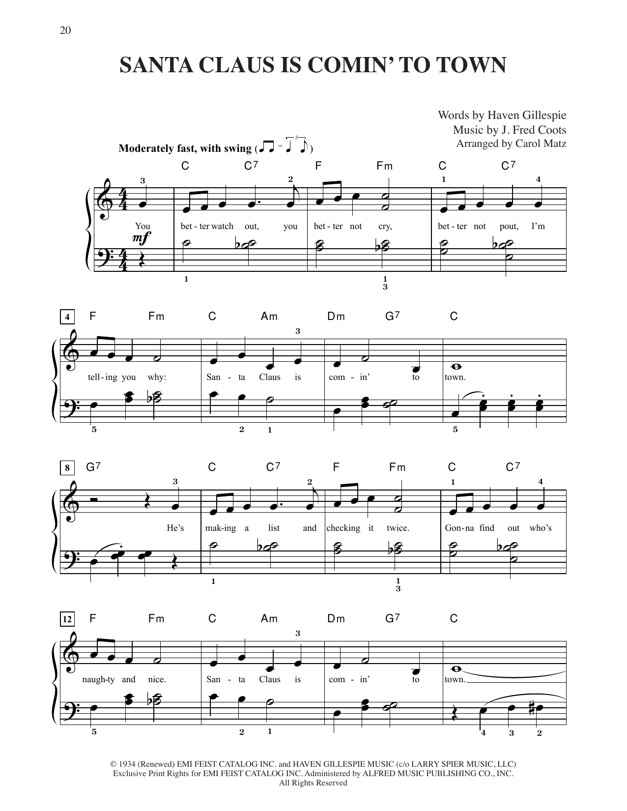 Download J. Fred Coots Santa Claus Is Comin' To Town (arr. Carol Matz) Sheet Music and learn how to play Big Note Piano PDF digital score in minutes
