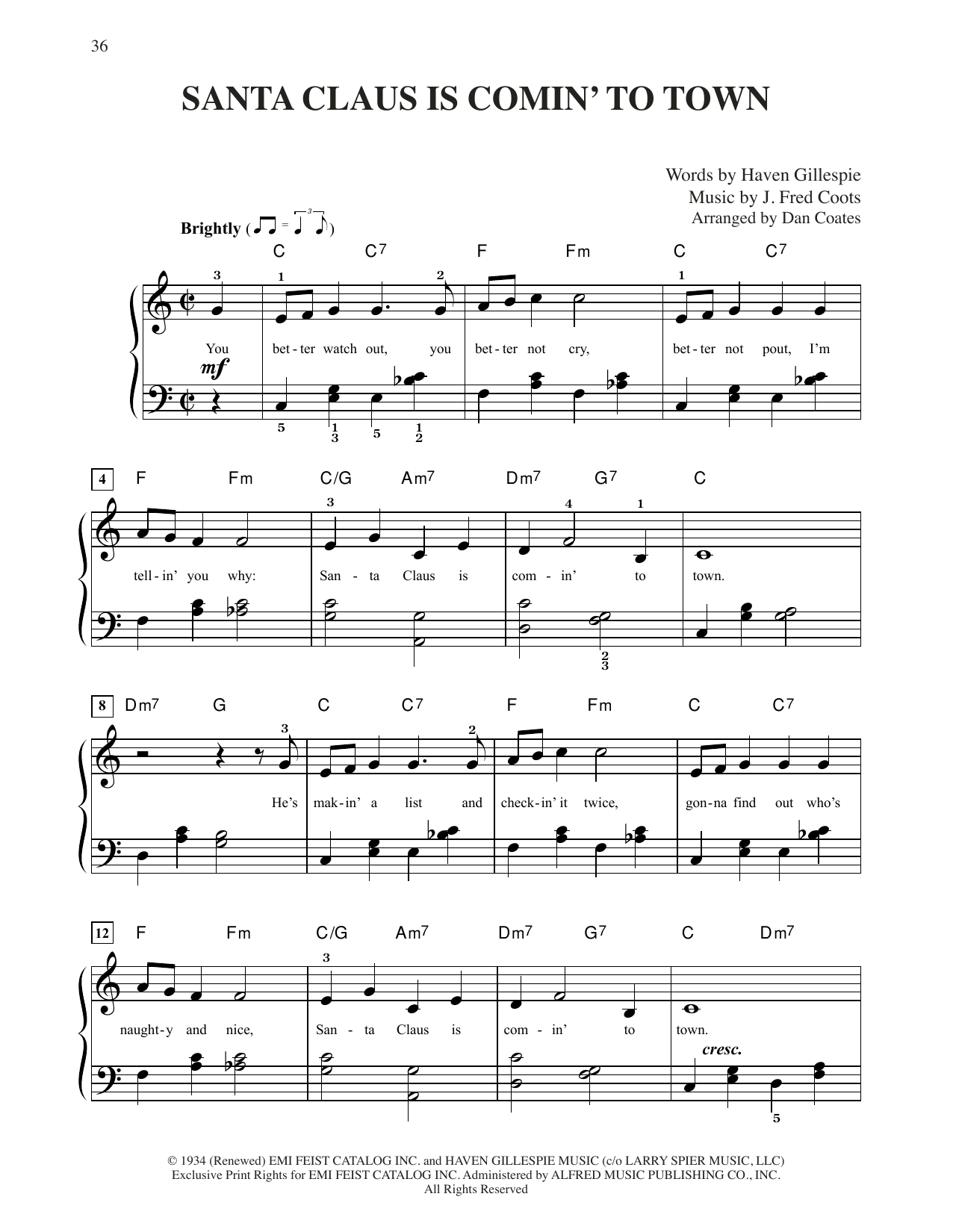 Download J. Fred Coots Santa Claus Is Comin' To Town (arr. Dan Coates) Sheet Music and learn how to play Easy Piano PDF digital score in minutes