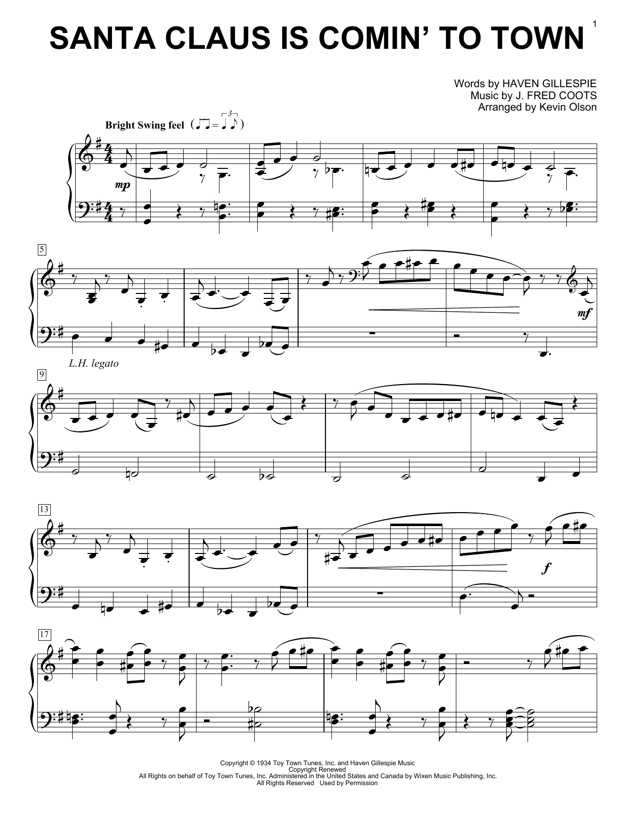 Download J. Fred Coots Santa Claus Is Comin' To Town (arr. Kevin Olson) Sheet Music and learn how to play Easy Piano Solo PDF digital score in minutes