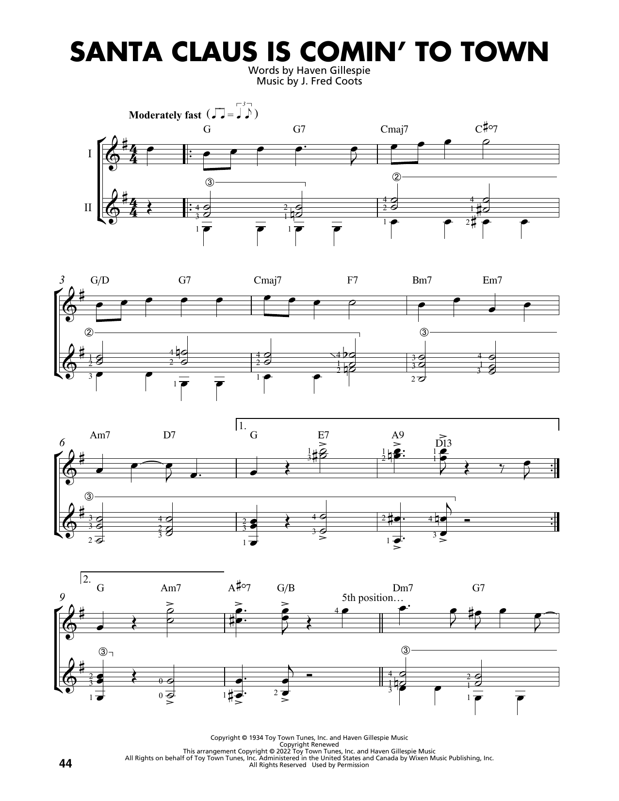 Download J. Fred Coots Santa Claus Is Comin' To Town (arr. Mark Phillips) Sheet Music and learn how to play Easy Guitar Tab PDF digital score in minutes