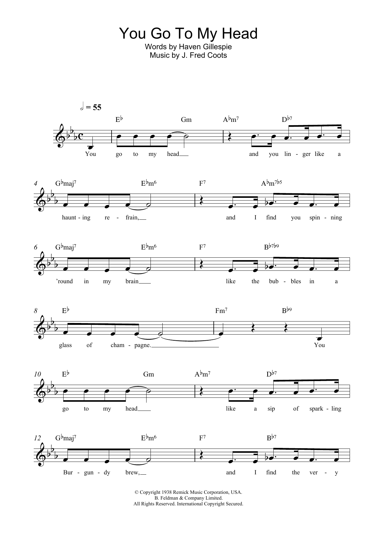 Download J. Fred Coots You Go To My Head Sheet Music and learn how to play Melody Line, Lyrics & Chords PDF digital score in minutes