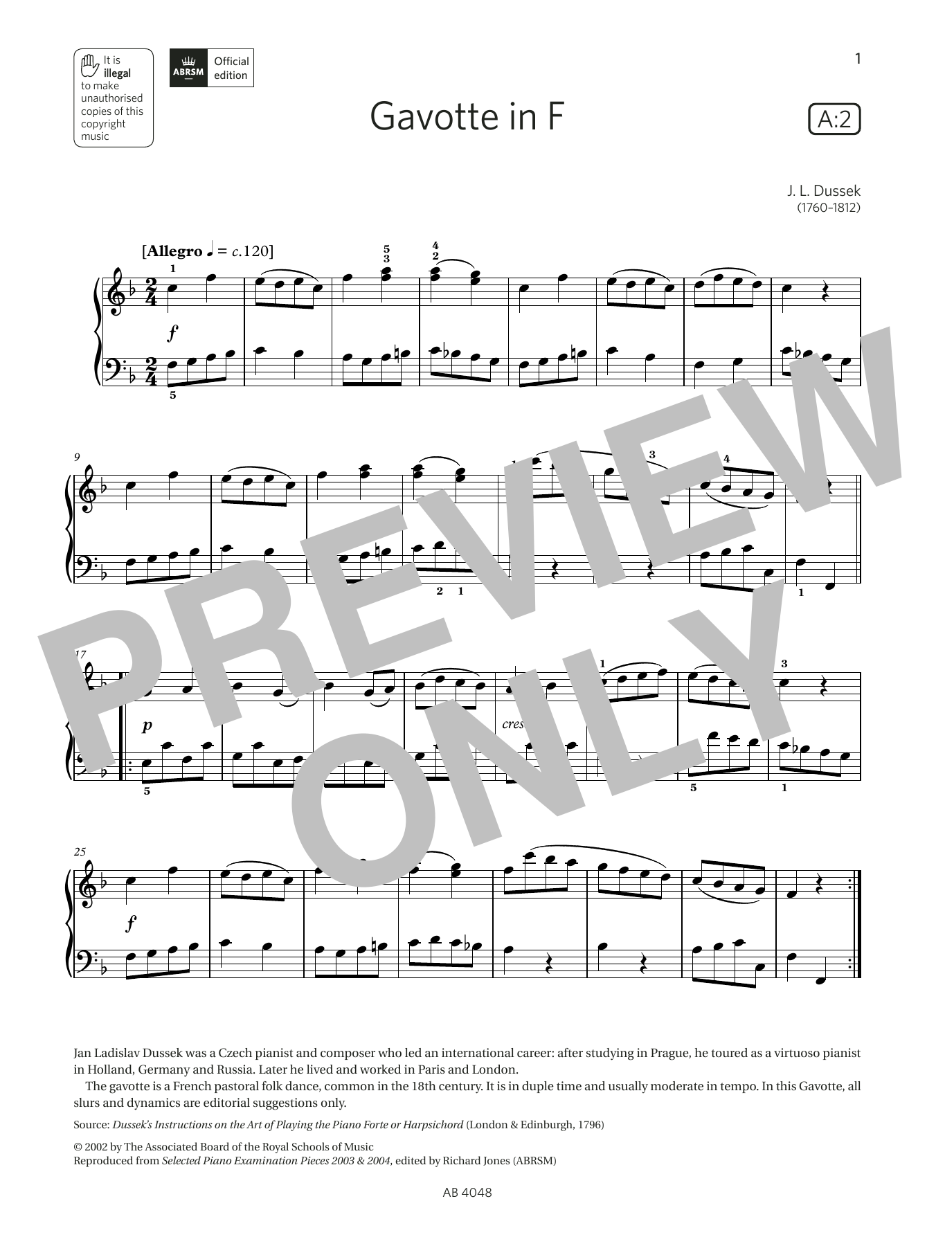 Download J L Dussek Gavotte in F (Grade 2, list A2, from the ABRSM Piano Syllabus 2023 & 2024) Sheet Music and learn how to play Piano Solo PDF digital score in minutes